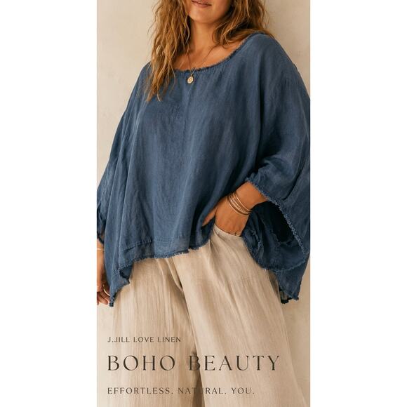J. Jill Tops - J. Jill Love Linen | Dark Blue Frayed Hem Bohemian Summer Flowy Top Size 3X